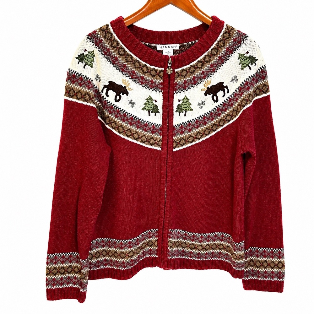 Hannah Womens Red Nordic Moose Fair Isle Full Zip Ramie Silk Sweater Large